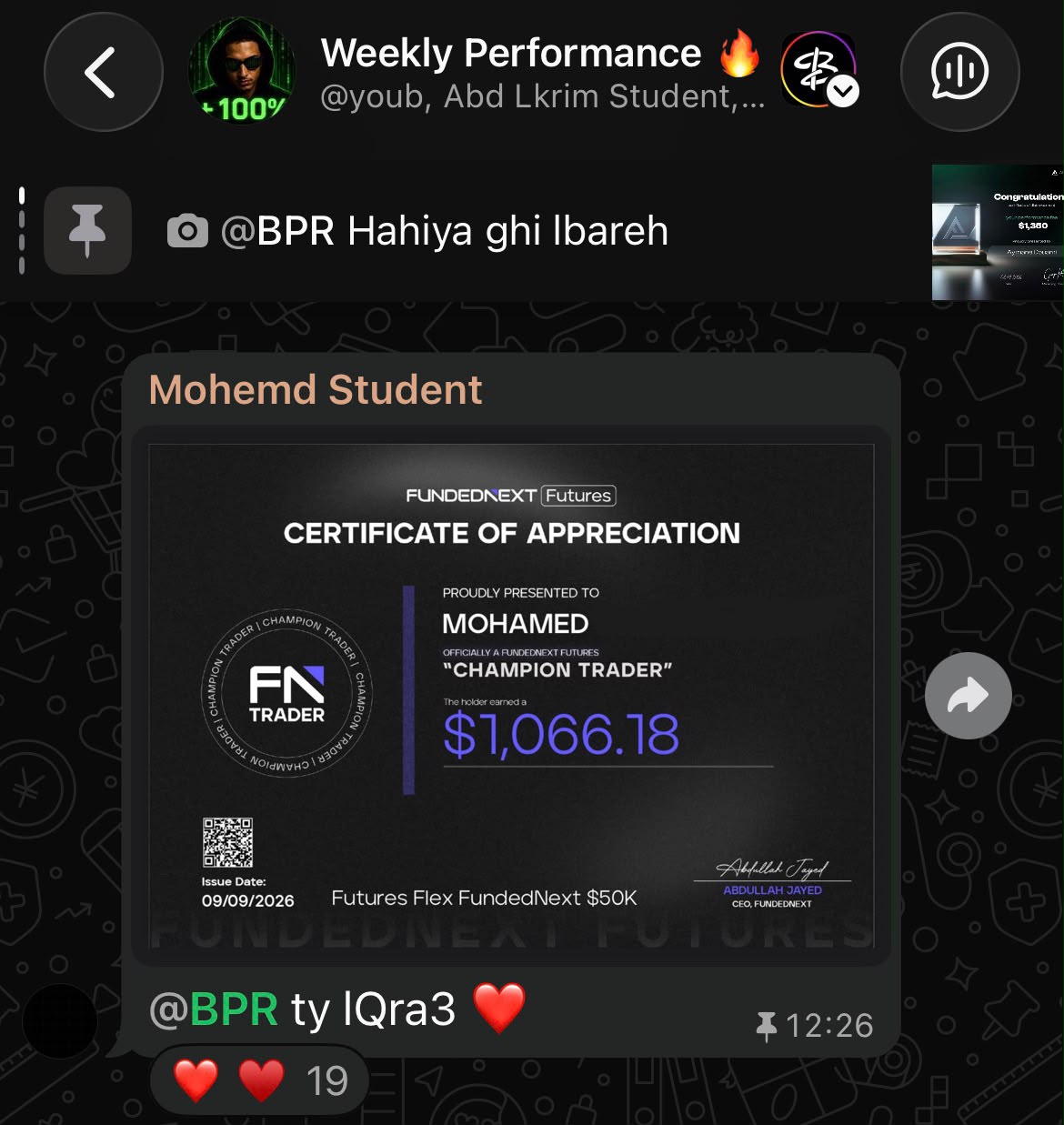 Certificate of Appreciation FundedNext Futures ‏$1,066.18 — Mohamed طالب BPR