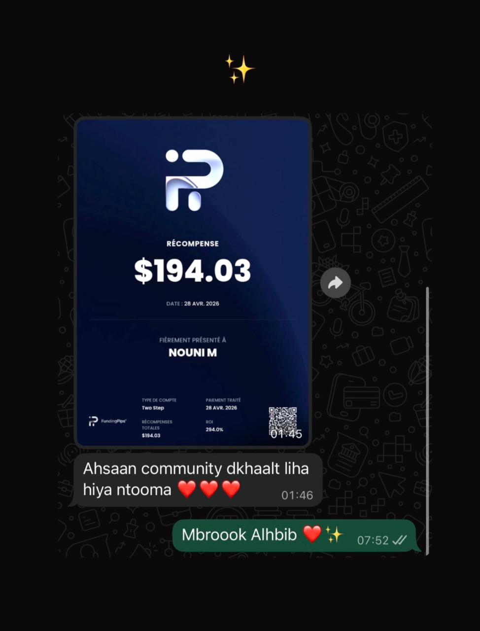 Payout FundingPips ‏$194.03 — طالب BPR