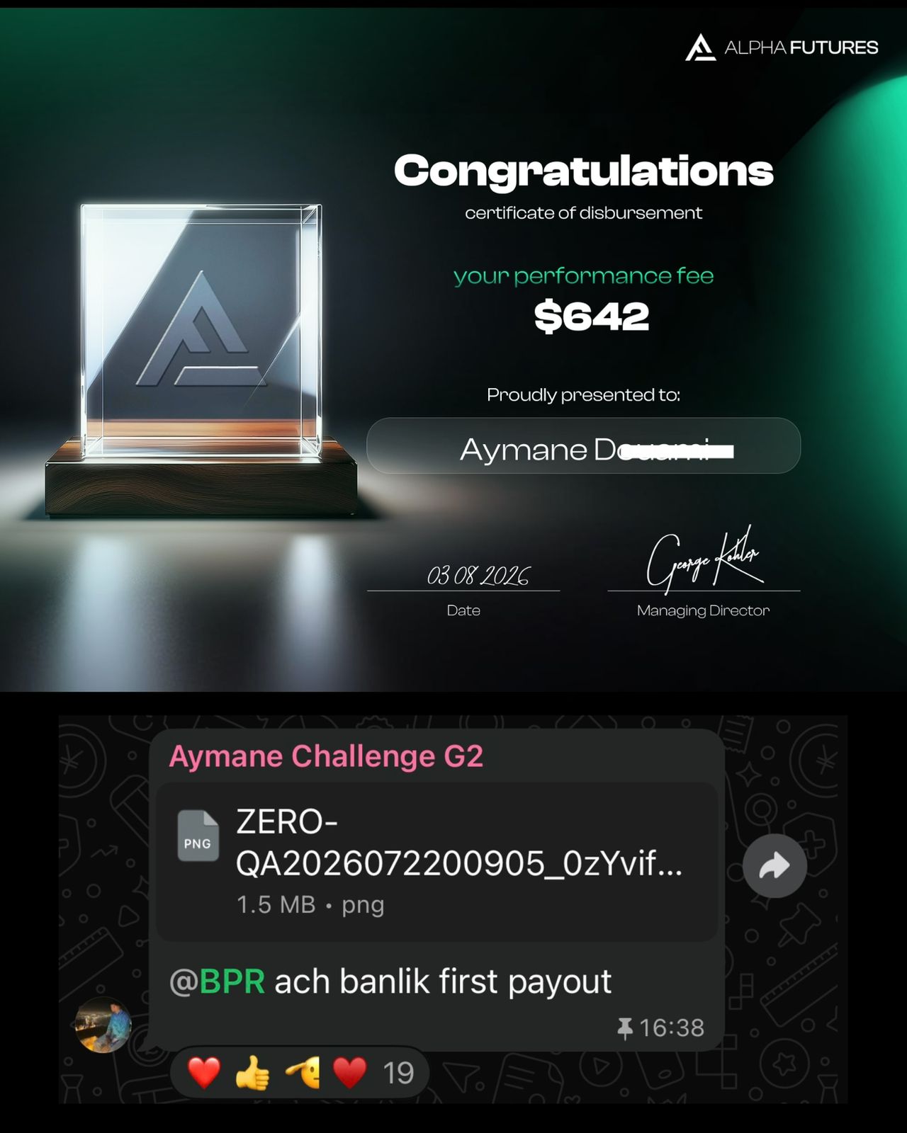 Payout Alpha Futures ‏$642 — Aymane طالب BPR